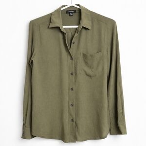 Lord & Taylor Olive Green Button-Down Blouse Top Long Sleeves Round Hem